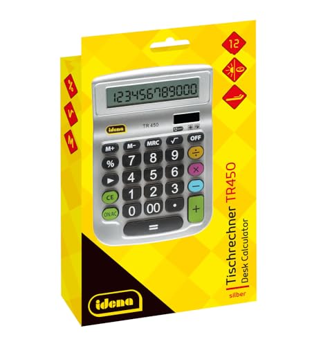 Idena 505292 - Tischrechner TR 450, 12-stelliges Display, Batteriebetrieb, Solarbetrieb, Wurzelberechnung, Prozentrechnung, Speicherfunktion, silber