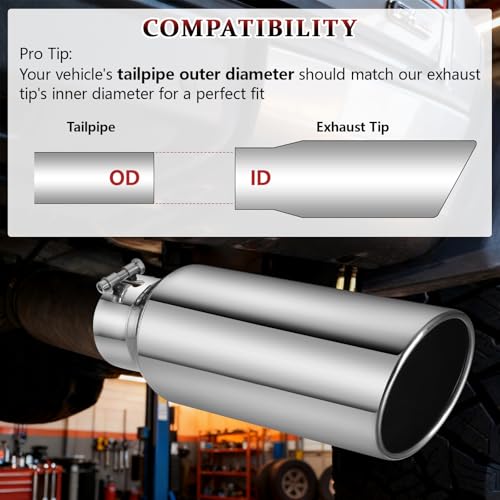 Image of Exhaust Tip 4 inch Inlet 6 inch Outlet 18 inch Long, High Performance Stainless Steel, Rustproof Polished Finish, Rolled Angle Cut, Bolt-On Diesel Tail Pipe, Universal for Car Truck