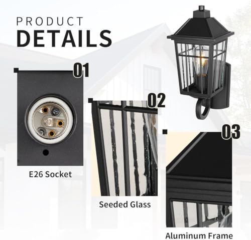 Image of JYZ 2PK 15 inch Outdoor Porch Light Wall Mount, Exterior Wall Lighting Fixtures with Seeded Glass Shade, Anti-Rust Matte Black Outdoor Wall Sconce, E26 Base Outside Lantern for Front Door, Patio, Garage
