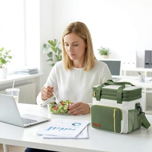 Image of MIYCOO Lunch Bag & Lunch Box for Women Men - Double Deck Leakproof Insulated Soft Large Adult Camping Cooler Bag for Work, Beach, Picnic, Travel (Green White, 15L)