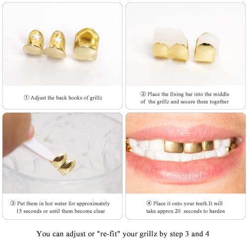 4Pcs Gold Silver Plated Teeth Hip Hop Tooth Gold Grillz 4 Top Teeth Grillz Hip Hop Tooth Caps Accessories for Men Women Hip Hop Costume Rappers Costume Performers Party Halloween4