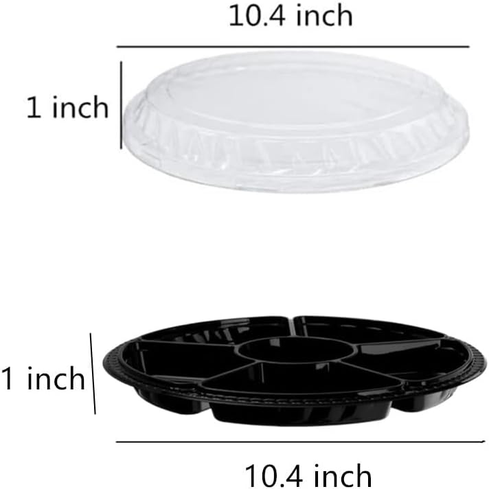Black Plastic Appetizer Trays with Lids, Travel Round Disposable Compartment Serving Platters,6 Sectional Catering Trays for Vegetable Salad Food for Fruit Veggie Snack Food Containers (10 Pack)