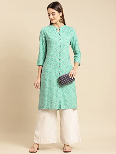 Image of rangita Turquoise Rayon Calf Length Printed Front Slit Kurti for Women | Kurta for Women