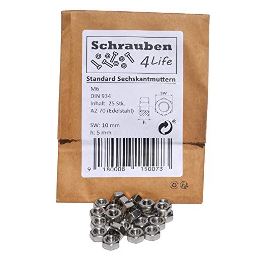 Tuerca hexagonal M6 acero inoxidable 25 piezas. Plástico envuelto libremente Caramente- A2-70, acero inoxidable DIN934, tuercas para industria, jardín y hogar (25, M6)