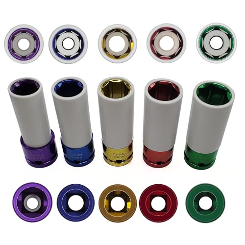 Image of 5PCS 1 /2 inch Drive Impact Lug Nut Socket Set, Lug Nut Impact Socket | 15 17 19 21 22mm, 6 Point, Non-Marring, Thin Wall, Deep Socket, Wheel Protector, Protective Socket, Color-Coded, Cr-Mo Steel