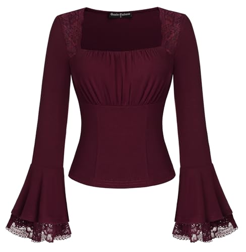 Scarlet Darkness Long Sleeve Tops for Women Square Neck Shirts Fitted Fall Blouse Going Out Tees Wine M
