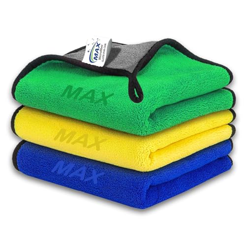MAX 800 GSM Microfiber Cloth for Car Cleaning (3 Pcs) - Ultra Soft, Thick Plush, Double Sided Microfiber Towel for Car Cleaning, Washing, Detailing, 30 x 40 cm, Multicolour