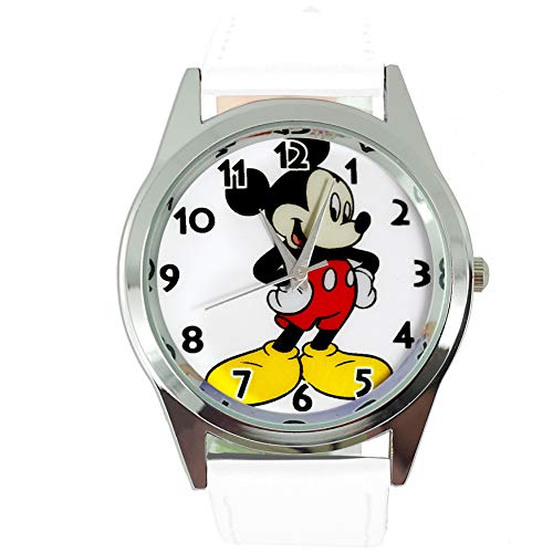 Adatto a tutti. Taport® Micky Mouse Fan Orologio analogico al quarzo con cinturino in vera pelle, bianco, rotondo