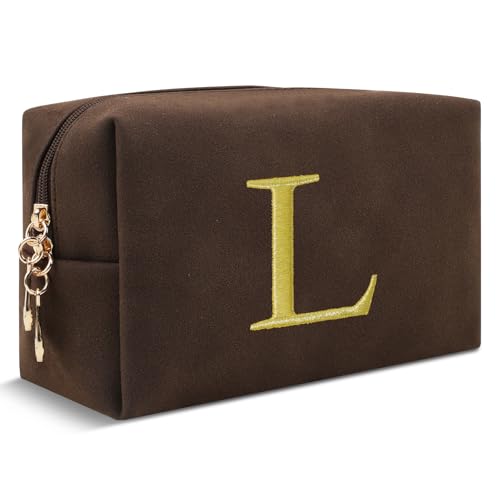 Personalized Initial Makeup Bag,Preppy Suede Cosmetic Bag for Teen Girls,Small Monogram Travel Toiletry Bag With Gold Embroidered Letter,Trendy Stuff Custom Christmas Gift for Women(Coffee-L)
