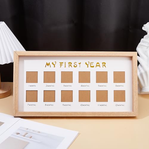DICOSMETIC 1Pc Mein Erstes Jahr Fotobilderrahmen Ersten 12 Monate Bilderrahmen Holz Bilderrahmen Für Neugeborene 1st Geburtstag Kinderzimmer Dekor Geschenk 42x22x2.8cm