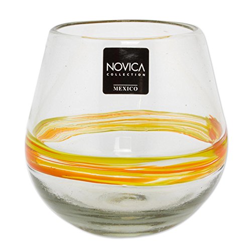 Novica Clear Yellow Stripe Hand Blown Glass Stemless Wine Glasses, 14 Oz, Round Ribbon Of Sunshine' (Set Of 6) #TOP3