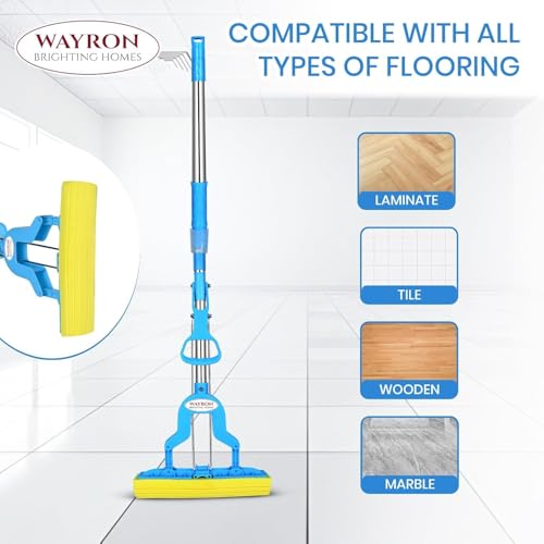 Image of Wayron Heavy Duty Stainless Steel Sponge Mop | Super Absorbent PVA Butterfly Floor Cleaning Mop | Durable Roller Squeeze for Home, Kitchen & Bathroom