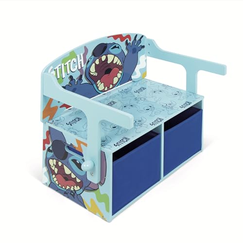 ARDITEX   Banco pupitre Infantil de Madera Convertible en Escritorio con almacenaje Inferior de Stitch de Disney   60x47x56cm   Color Azul y Turquesa   Ideal para Dormitorio Infantil