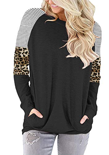Angerella YS0639-BLACK-M Stripe Colorblock Shirts For Women Casual Tops Long Sleeve Tunics Loose Fitting Tops M thumb #1