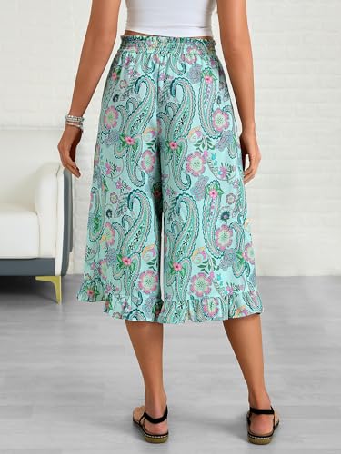 Image of Womens Wide Leg Palazzo Capri Pants Fun Vintage Print Flowy Cropped Capris