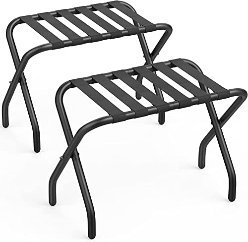 Mr Ironstone Luggage Rack Pack Of 2, Folding Metal Suitcase Stand With Nylon Straps And Steel Frame, For Guest Room, Hotel, Bedroom, Steel Frame, Holds Up To 100 Lb, Black #TOP5