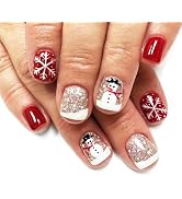 24Pcs Cartoon Snowman Press on Nails Christmas Snowflake False Nails Glossy Silver Glitter Snowin...