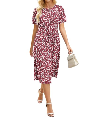 AUSELILY Robe Femme Midi d'été à Manches Courtes Robes Trapèze Décontractée à Col Rond et Cordon Robe Chemise Boutonnée