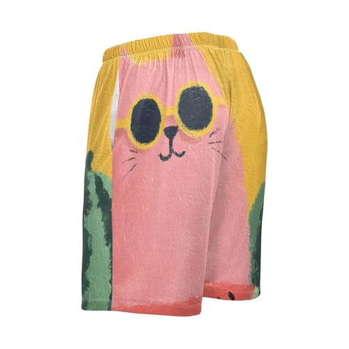 Mens Sleep Shorts Abstract Cat Watermelon, Pajama Pants Sleepwear with Pockets S3