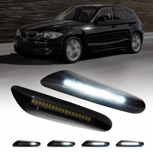 AUTOONE Dynamic & Sequential White LED Side Marker Lights for BMW E84 E81 E82 E87 E88 E90 E91 E92 E93 E46 E53 X3 E83 X1, White Front Marker Lamps, Smoked Lens Driver & Passenger Side, 2PCS