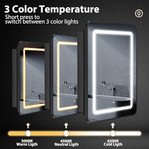 ROOMTEC Lighted Medicine Cabinet with Mirror 16"x24", Bathroom Mirror Cabinet with Lights and Storage, Single Doors Bathroom Wall Cabinet with LED Lights,Black by ROOMTEC - Image 5