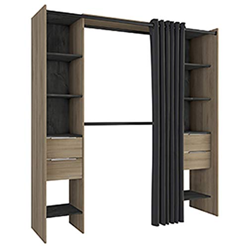 Kit placard extensible coloris Chene kronberg/sidewalk + rideau noir - L115-190 x P50 x H203 cm -PEGANE-