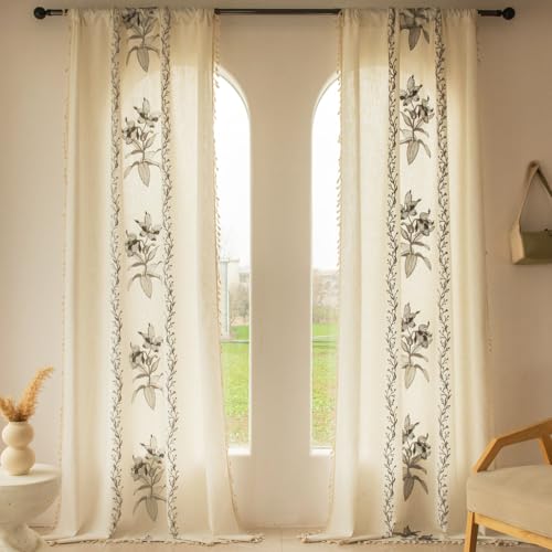 XIUWOUG Boho Rustic Style Linen Tassel Curtains 2Pcs Vintage Embroidered