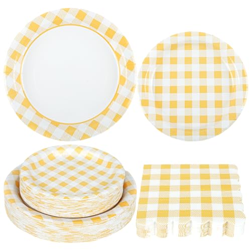 150 Pcs Yellow Gingham Paper Plates and Napkins, Checkered Party Set
