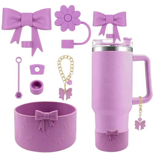 Hpebl 7Pcs Purple Cup Accessories for Stanley Cups 40/30oz with Handle Including Bow Silicone Straw Cover Topper Boot Spill-Proof Stopper Set Bow Handle Charm for Stanley Tumbler Accessories