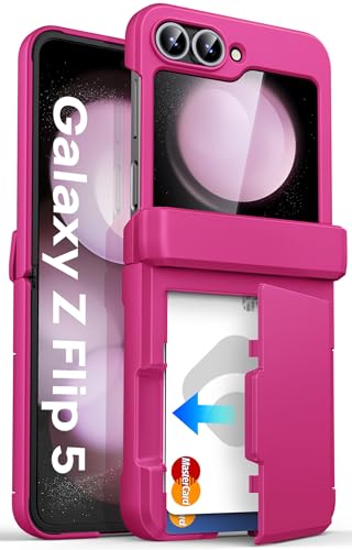 Image of ASAFCASE for Samsung Galaxy Z Flip 5 Case with Card Holder (3 Cards), Pink | Hinge Protection, Outer Screen Protector, Shockproof Rugged Full Body Protective Cover Wallet Case for Galaxy Z Flip 5