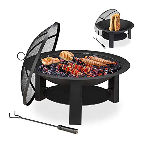 Relaxdays Feuerschale Gusseisen, D: 74 cm, Grillrost, Funkenschutz, Hitzeschild, Schürhaken, Feuerstelle Garten, schwarz