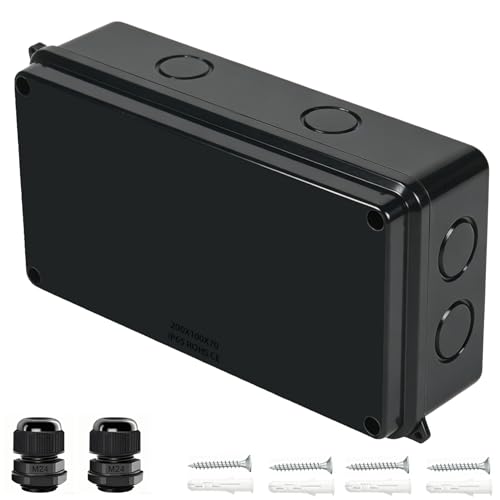 Boîte de jonction IP65 étanche ABS noir 20,1x9,9x7,1 cm avec 2 presse-étoupes M24 pour câbles