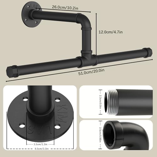 Yawinhe Industrial Pipe Clothes Rails, Coat Rack Rustic Storage, Space-saving Wall Kitchen Shelf, for Small Rooms Black, 51cm, 2-pack - Image 4