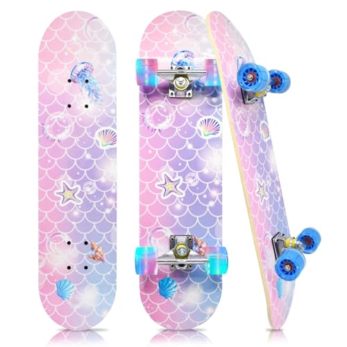Kqpoinw Complete Skateboard for Kids, Girls, Boys, Beginners, Teens, 7 Layer Maple Deck Standard Skateboard with 90A PU Wheels, 31" x 7.8" Double Kick Concave Skate Board with T-Tool