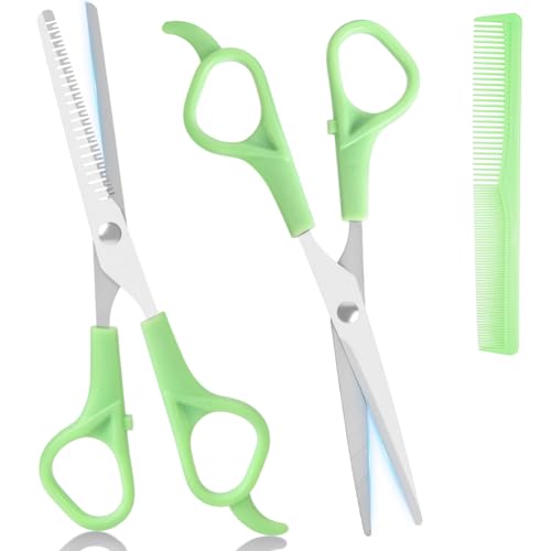 LOPHE Tijeras Peluqueria Profesional, 3 Piezas Kit de Tijeras de Peluquería, Herramientas Cortar Pelo de Acero Inoxidable con Peine y Tijeras Entresacar Unisexo para Salón/Hogar/Mascota (Verde Claro)