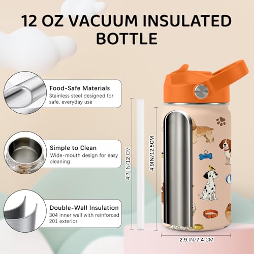 Image of Dog Water Bottle for Son & Daughter, Stainless Steel Insulated Tumbler with Straw Lid and Handle, 12oz Reusable Leak-Proof Bottle for Sports
