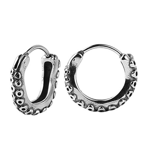 HZMAN Vintage Silver Octopus Tentacle Stainless Steel Hoop Earrings Party Punk Goth Bike Jewelry Gift for Men Women (Octopus Tentacle Silver)