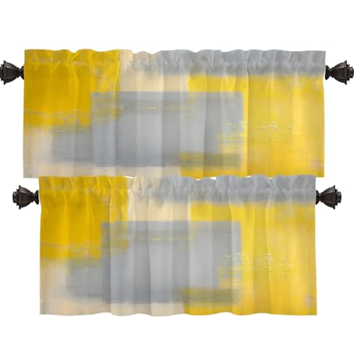 Shrahala Blackout Short Curtains for Windows, Kitchen Valance Thermal Insulated Rod Pocket Window Treatment for Bathroom 2 Pack 52 X 16 in,Grey Yellow White