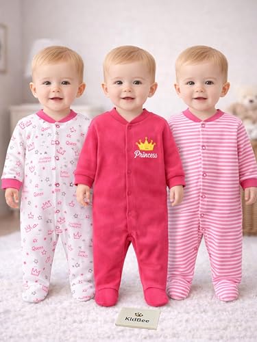 Image of Kidbee Baby Boys & Girls Full Sleeves Cotton Footed Romper Sleepsuit Pack of 3