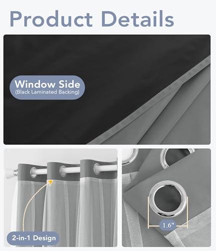 Image of 100% Blackout Curtains with Sheer Overlay, Grey, 52 x 84 inch, 2 Panels | For Bedroom Living Room Window, Room Darkening, Thermal Insulated, Grommet Top, Summer Heat Blocking, Double Layer Design