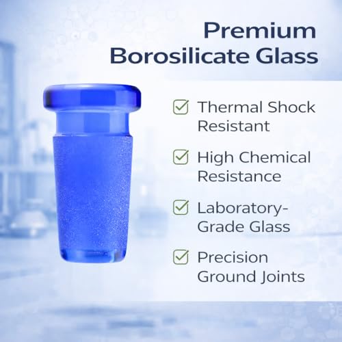 Image of Borosilicate Glass Reduction Adapter (Single) | Laboratory Glassware Connector | 14mm Male to 10mm Female Scientific Glass Adapter | Terporium Lab Glassware | Blue
