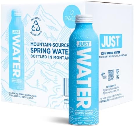 JUST Water, Premium Pure Still Spring Water in an infinitely recyclable aluminum bottle- Naturally Alkaline, High 8.0 pH - Fully Recyclable canned water, 22 Fl Oz (Pack of 12)