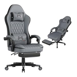 Gaming Chair with Footrest, Ergonomic Computer Chair, PU Breathable Material with Headrest and Lumbar Support, Suitable for Silla Gamer and Adults (Grey)