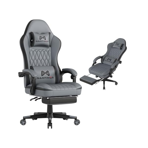 Gaming Chair with Footrest, Ergonomic Computer Chair, PU Breathable Material with Headrest and Lumbar Support, Suitable for Silla Gamer and Adults (Grey)