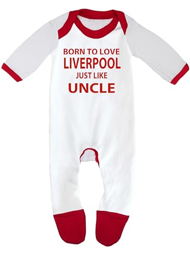 Cheekytots Baby Sleepsuit – Born To Love Liverpool Just Like Uncle – 100% Cotton Baby Romper (3-6 Months, White/Red Trim)