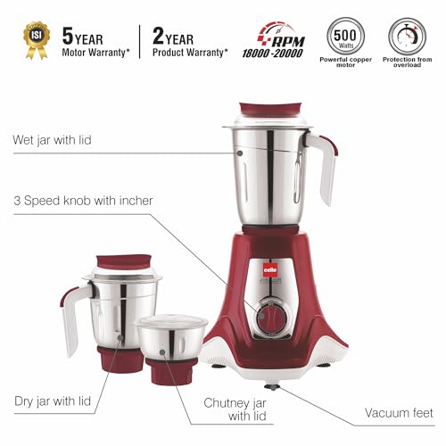 Image of Cello Kitchenette Collection Levanate Plus Mixer Grinder with 3 Jars| 500 Watts | 3X Speed Control | Set of 3 | Maroon