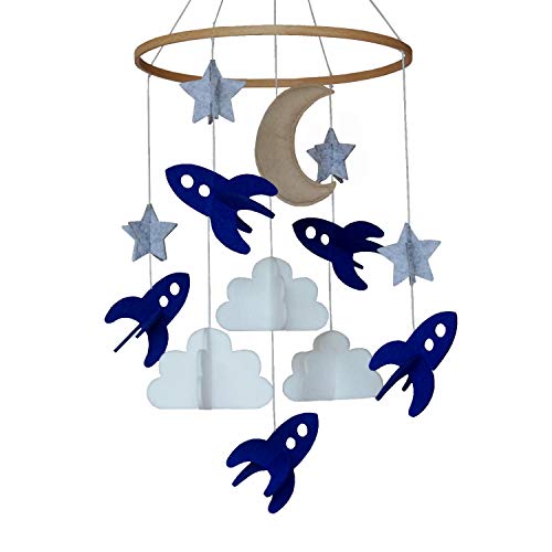 Baby Crib Mobile by Baby Sanda - Spaceships, Stars, Clouds and Moon - Nursery Decor - 100% Felt - Navy Blue, Gray, White and Tan