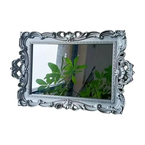 Yamfurga Shell Rectangle Decorative Mirror Tray, French Style, Makeup Organizer, Jewelry Organizer, Serving Tray, 9.3"x 14.9", Silver Cover