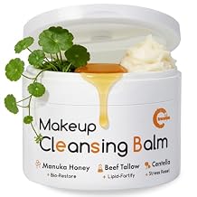 Grocerism Cleansing Balm Makeup Remover, Manuka Honey & Grass-Fed Tallow with Soothing Cica Centella, Melts Waterproof Mascara & SPF, Non-Comedogenic for Sensitive Dry Skin & Eyes, 3.53 Oz