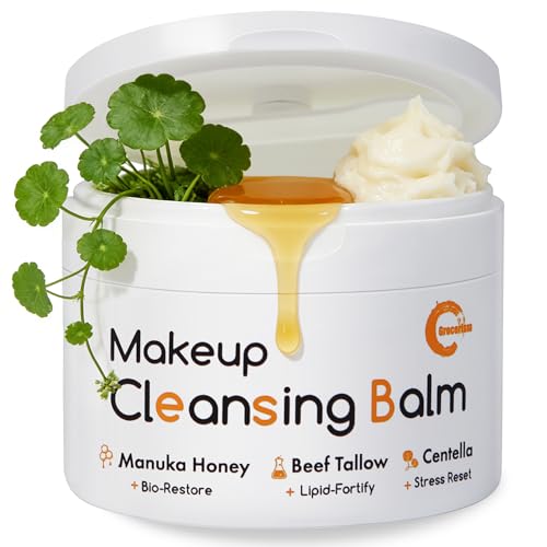 Grocerism Cleansing Balm Makeup Remover, Manuka Honey & Grass-Fed Tallow with Soothing Cica (Centella), Melts Waterproof Mascara & SPF, Non-Comedogeni